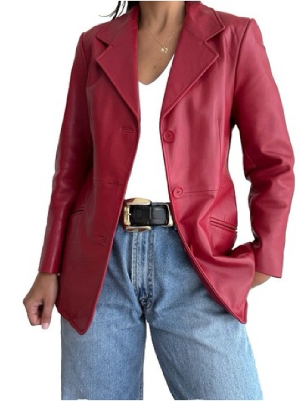 Vintage Y2K Brandon Thomas Crimson Red Leather Blazer Jacket Coat